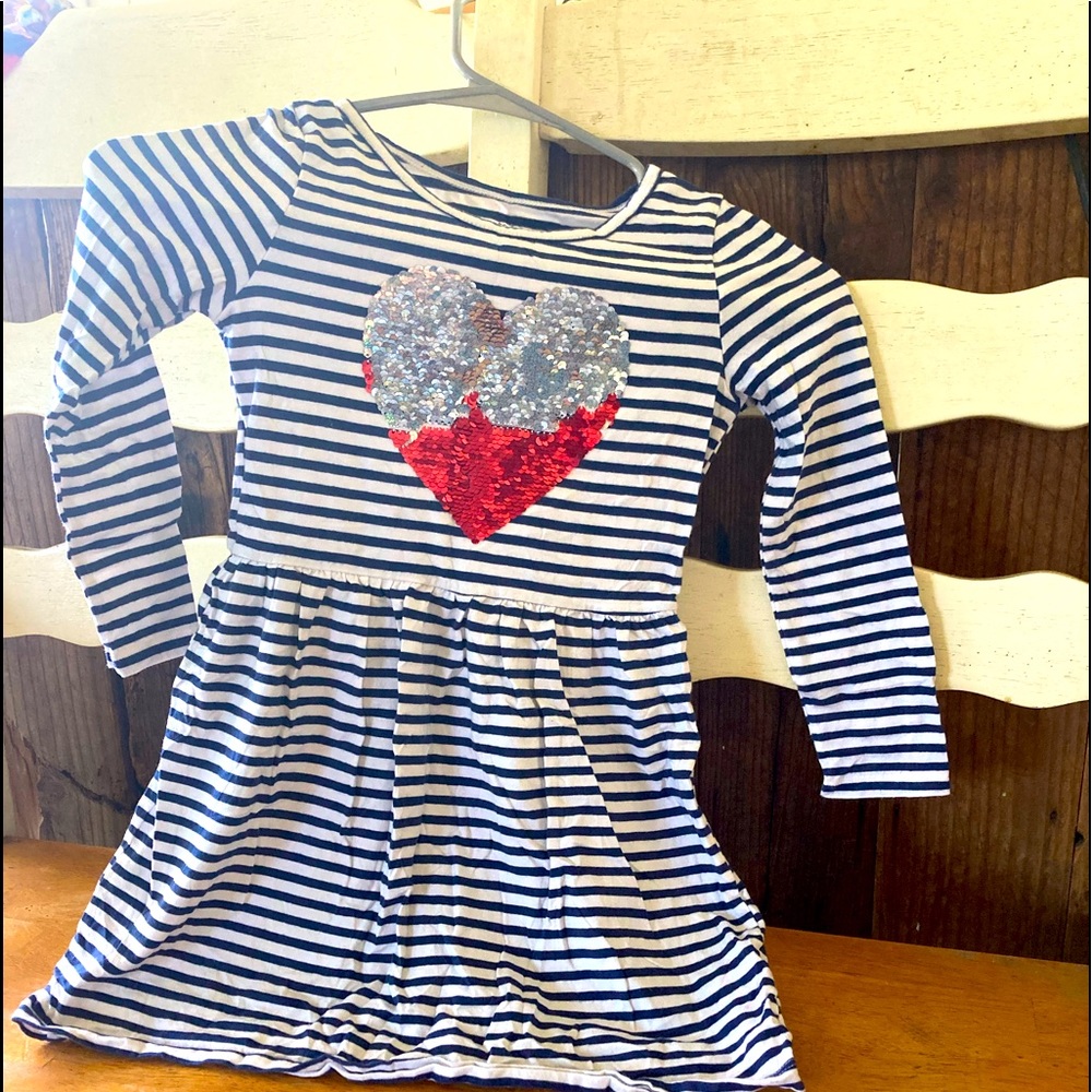 Sparkle Red and silver heart dress with blue and white stripes